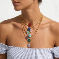 Stainless Steel necklace with Multicolor Oval Natural Stone pendant Necklace