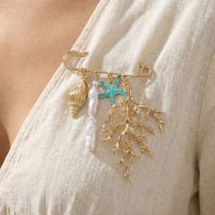 Exaggerated Coral Oil-Drip Starfish Baroque Pearl Brooch with Creative Ocean Elements for Pants Waistband
