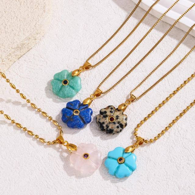 Multi-Color Personalized Natural Stone Flower pendant stainless steel Necklace