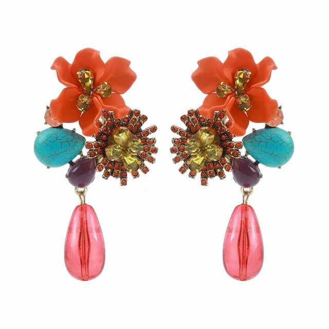 Sweet Fresh Holiday Style Enamel Colorful Flower Earrings with Diamonds Pearls