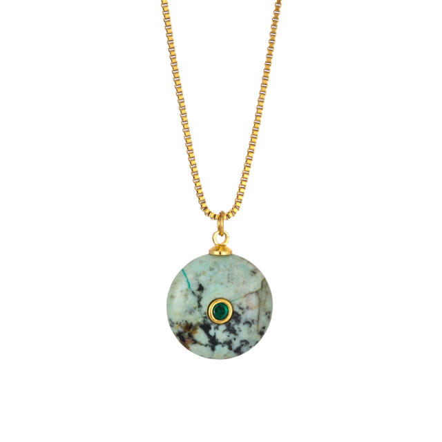 Boho rhinestone inlaid round natural stone pendant stainless steel necklace