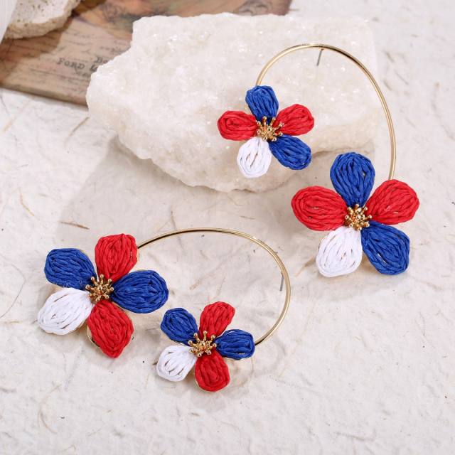 Spring Summer Raffia Flower Earrings with Arc-Shaped