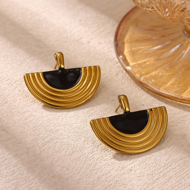 Vintage Fan-Shaped Geometric Earrings Semi-Circular Enamel stainless Steel Earrings