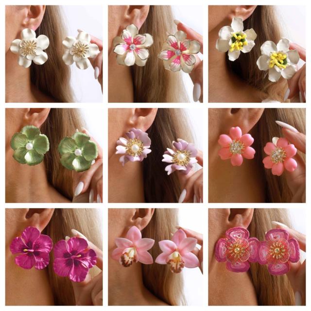 Sweet Fresh Holiday Style Enamel Colorful Flower Earrings with Diamonds Pearls
