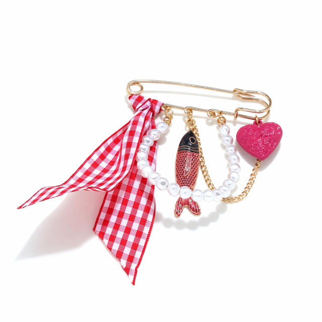 Ins Exaggerated Colorful Tropical Fish Heart-Shaped Plaid Ribbon Brooch Waist Pin Clothing Accessory