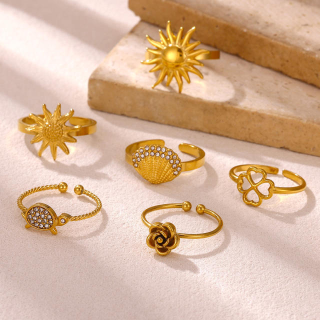 304 Stainless Steel rings Sun Face-Shaped Flower Unique 18K Plated Rings