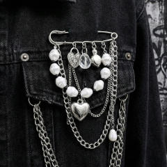 Sweet-Cool Style Faux Pearl Heart Tassel Brooch Vintage Unisex Jeans Tightening Universal Pin