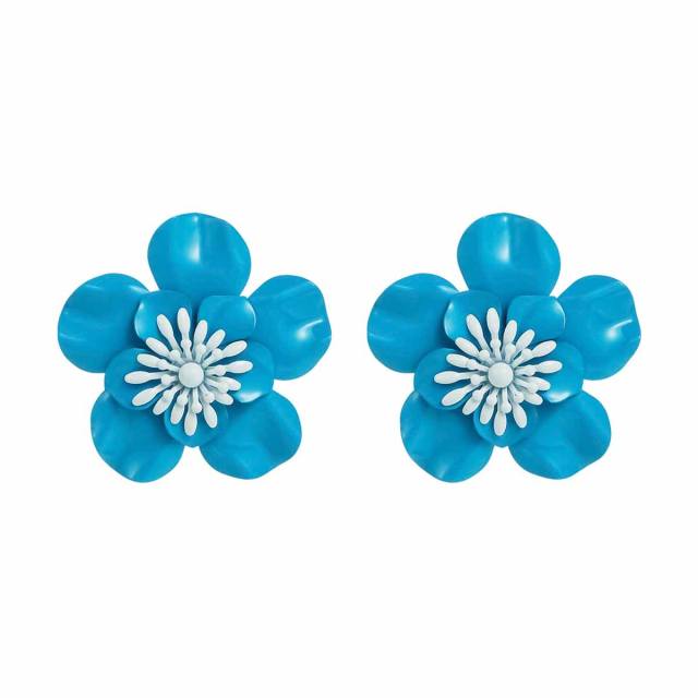 Sweet Fresh Holiday Style Enamel Colorful Flower Earrings with Diamonds Pearls