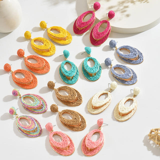 Hot Selling Geometric Oval Earrings Summer Sweet Raffia Hand-Woven Earrings