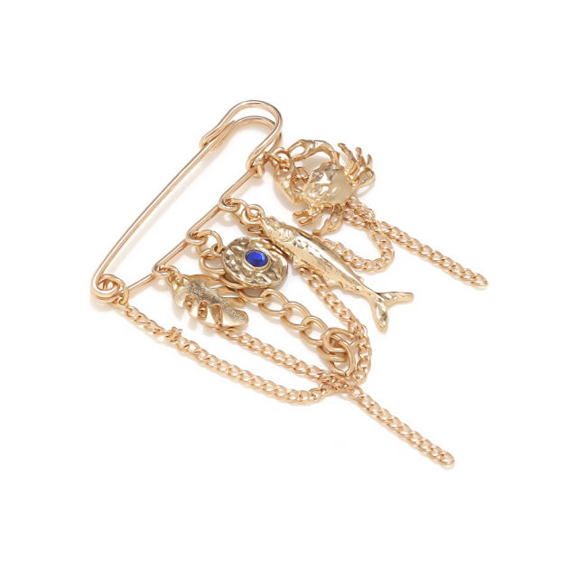 Oil-Drip Crab Tropical Fish Leaf Brooch Marine Animal Element Fastening Pin Clothing Accessory