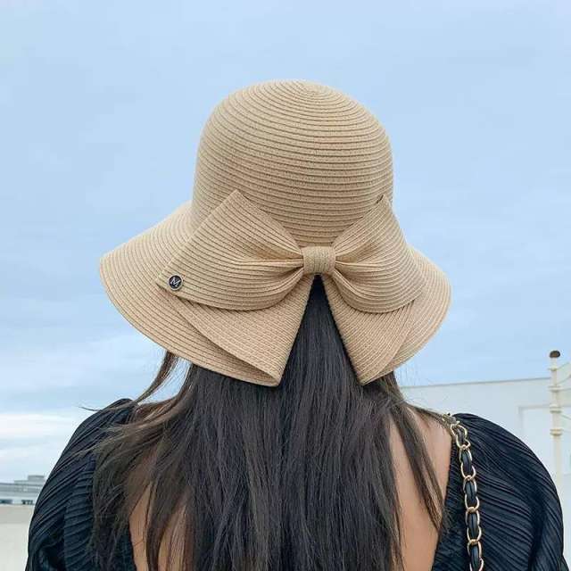 Straw Hat Women's Spring Summer Travel Bow Large Brim Beach Hat