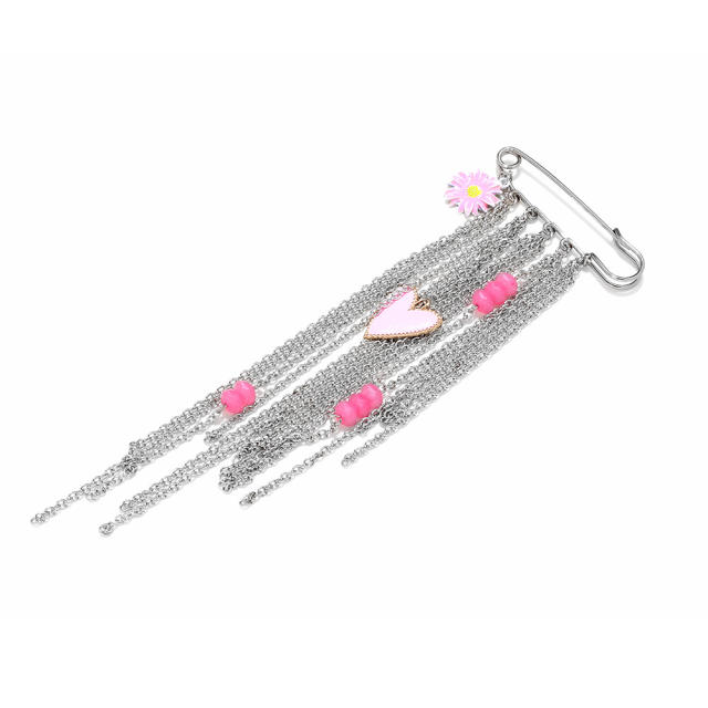 Sweet-Cool Style Oil-Drip Heart Flower Tassel Brooch Universal Pin for Jeans Clothing