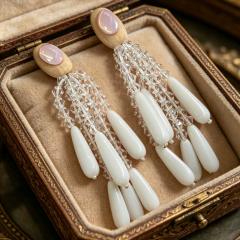 Bohemian White Crystal Beaded Earrings Acrylic White Water Drop Tassel Earrings