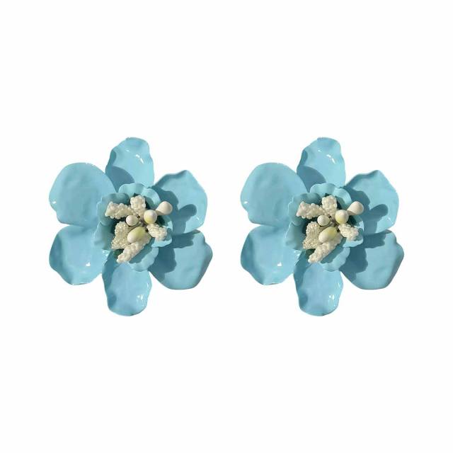 Sweet Fresh Holiday Style Enamel Colorful Flower Earrings with Diamonds Pearls