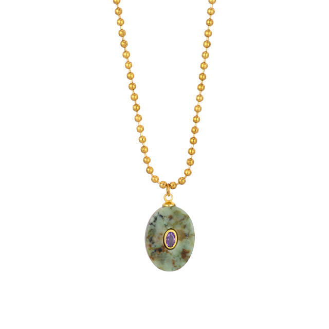 Stainless Steel necklace with Multicolor Oval Natural Stone pendant Necklace
