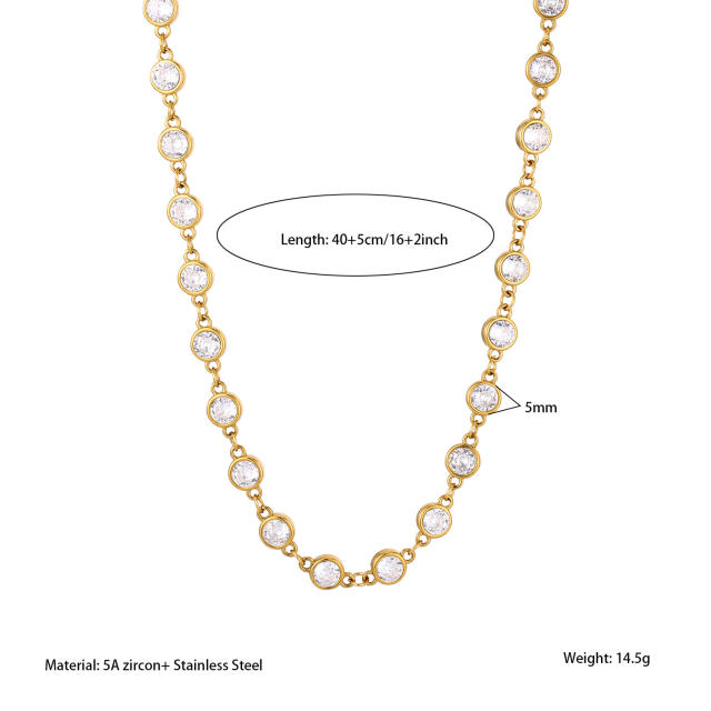 Luxury 18K Stainless Steel Zircon Necklace Round Diamond necklace