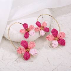 Spring Summer Raffia Flower Earrings with Arc-Shaped