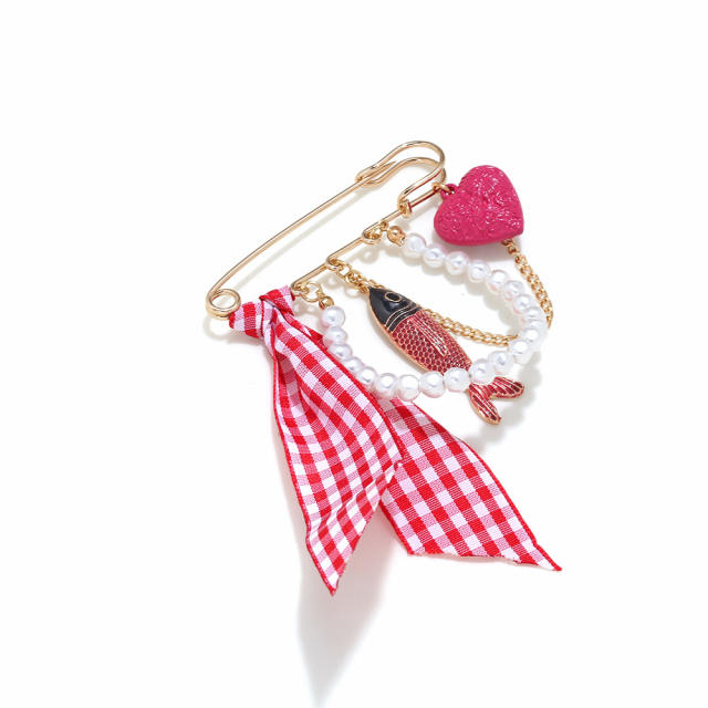 Ins Exaggerated Colorful Tropical Fish Heart-Shaped Plaid Ribbon Brooch Waist Pin Clothing Accessory