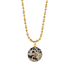 Boho rhinestone inlaid round natural stone pendant stainless steel necklace