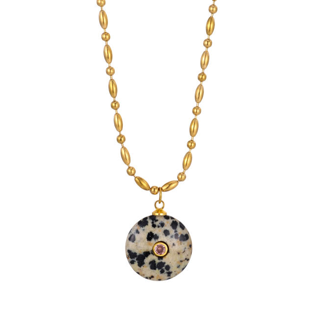 Boho rhinestone inlaid round natural stone pendant stainless steel necklace