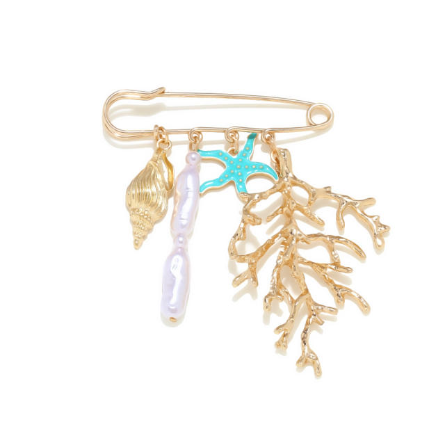 Exaggerated Coral Oil-Drip Starfish Baroque Pearl Brooch with Creative Ocean Elements for Pants Waistband