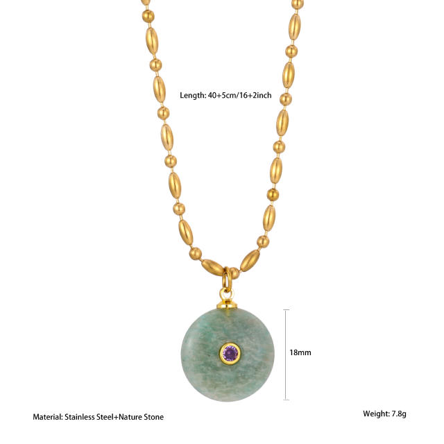Boho rhinestone inlaid round natural stone pendant stainless steel necklace