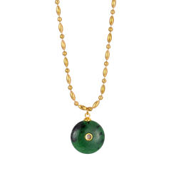 Boho rhinestone inlaid round natural stone pendant stainless steel necklace