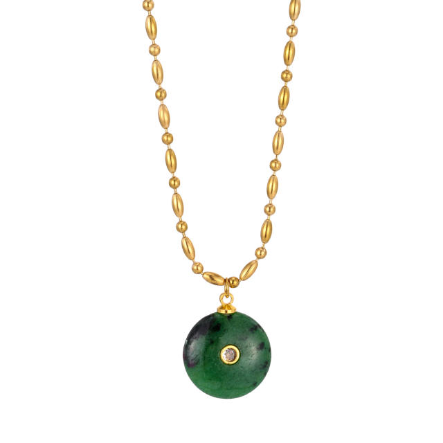 Boho rhinestone inlaid round natural stone pendant stainless steel necklace