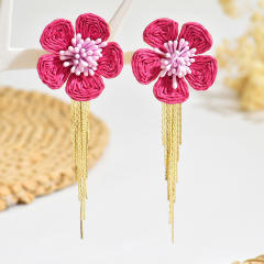 Bohemian raffia flower tassel earrings personality woven earrings