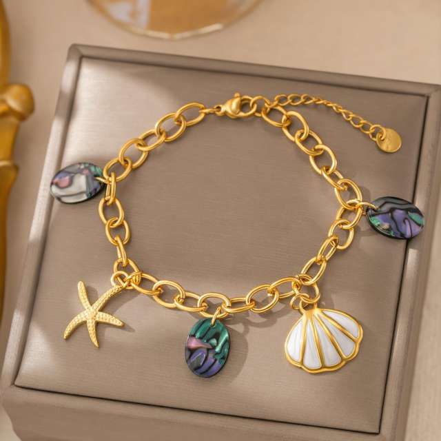 Stainless Steel bracelet Ocean-Style Charm Bracelet with Starfish Shell Abalone Mother-Of-Pearl Pendants