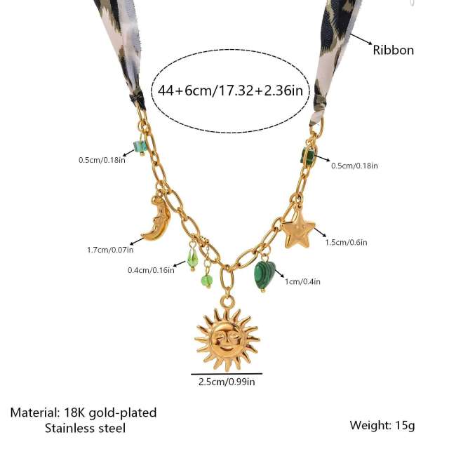 Vintage Silk Scarf Necklace with Cross Sun Moon Star Heart Beaded charm