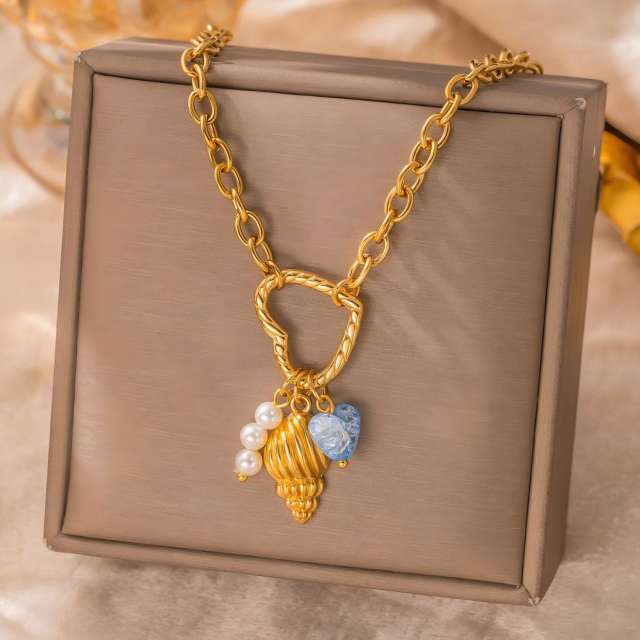 New Style Ocean Vacation Style Shell Starfish Pearl Pendant Necklace for Women Gold-Plated Stainless Steel Necklace