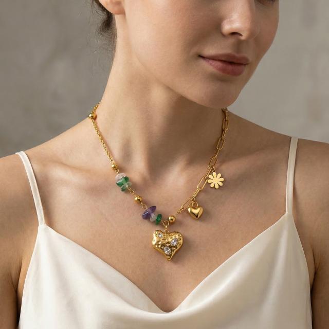 Vintage stainless Steel necklace Multi-Element 18K Gold-Plated Diamond-Encrusted Multi-Heart Pendant Chain Necklace