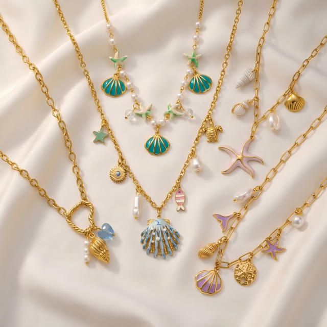New Style Ocean Vacation Style Shell Starfish Pearl Pendant Necklace for Women Gold-Plated Stainless Steel Necklace