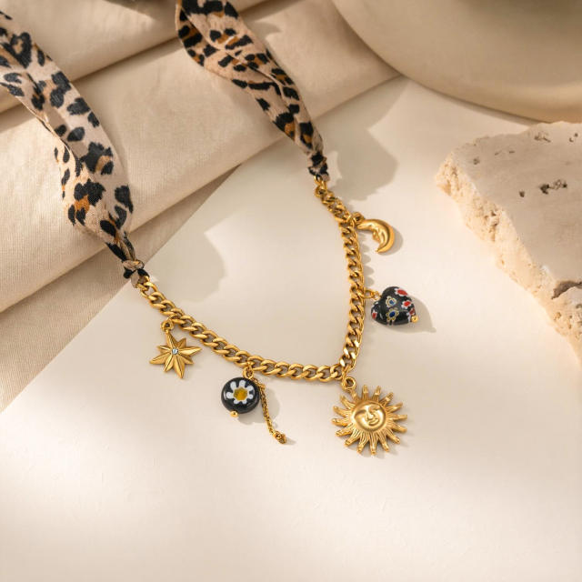 Vintage Silk Scarf Necklace with Cross Sun Moon Star Heart Beaded charm