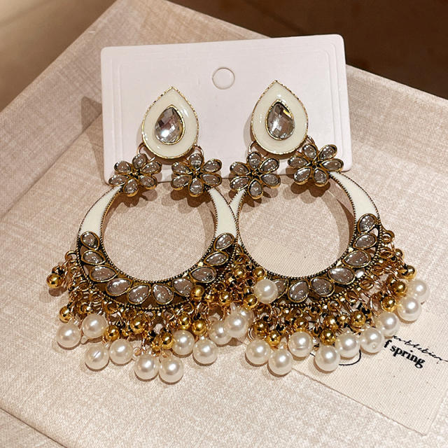 Steek Needle Diamond Water Drops Flower Pearl Earrings Ethnic Style Elegant Earrings