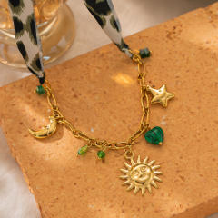 Vintage Silk Scarf Necklace with Cross Sun Moon Star Heart Beaded charm