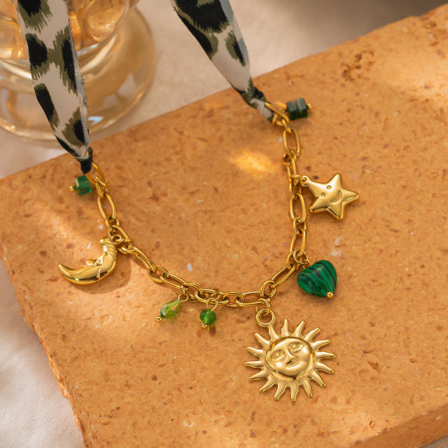 Vintage Silk Scarf Necklace with Cross Sun Moon Star Heart Beaded charm