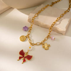 New Style Multi-Pendant Flower Butterfly Stainless Steel Necklace for Women