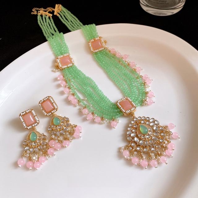 Resin Square Geometric Pearl Necklace Earring Set Vintage Jewelry for Women