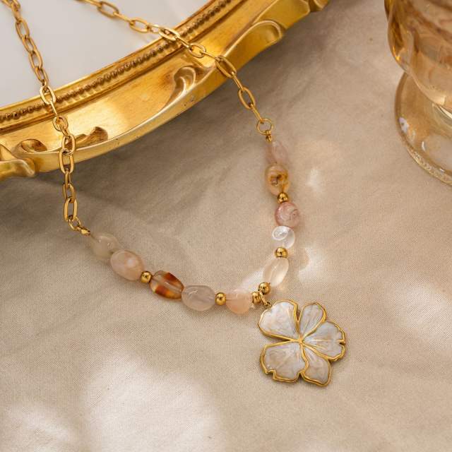 Fashion 18K Gold-Plated Stainless Steel necklace Natural Stone Beaded Four-Leaf Clover Pendant Necklace