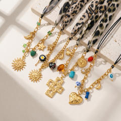 Vintage Silk Scarf Necklace with Cross Sun Moon Star Heart Beaded charm