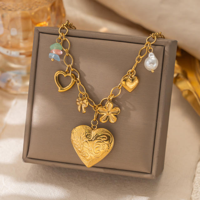 Vintage stainless Steel necklace Multi-Element 18K Gold-Plated Diamond-Encrusted Multi-Heart Pendant Chain Necklace