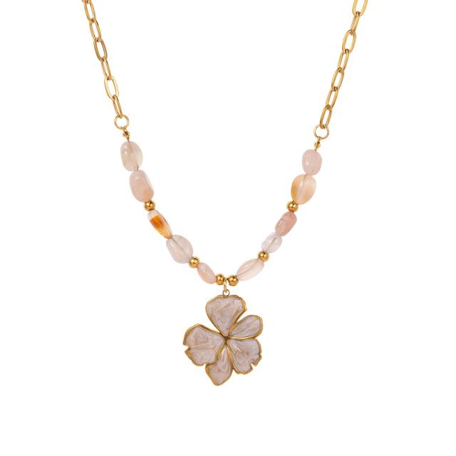 Fashion 18K Gold-Plated Stainless Steel necklace Natural Stone Beaded Four-Leaf Clover Pendant Necklace