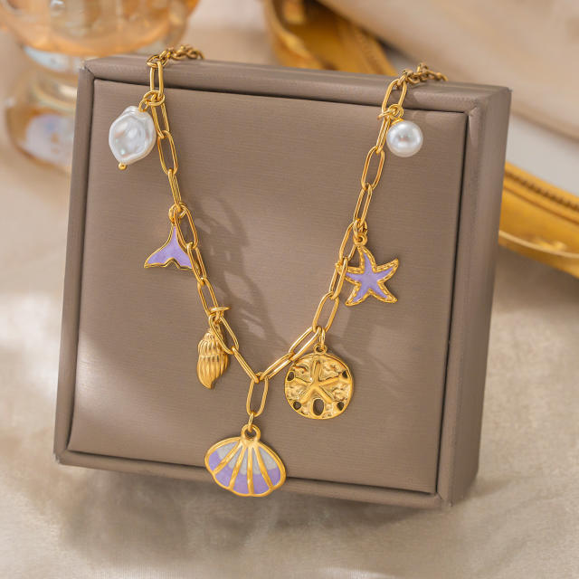 New Style Ocean Vacation Style Shell Starfish Pearl Pendant Necklace for Women Gold-Plated Stainless Steel Necklace