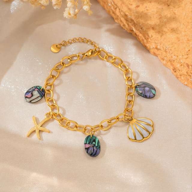 Stainless Steel bracelet Ocean-Style Charm Bracelet with Starfish Shell Abalone Mother-Of-Pearl Pendants
