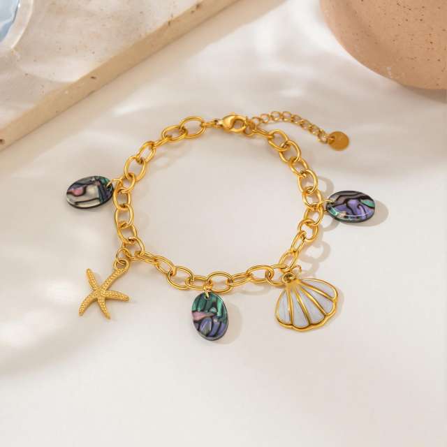 Stainless Steel bracelet Ocean-Style Charm Bracelet with Starfish Shell Abalone Mother-Of-Pearl Pendants