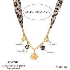 Vintage Silk Scarf Necklace with Cross Sun Moon Star Heart Beaded charm