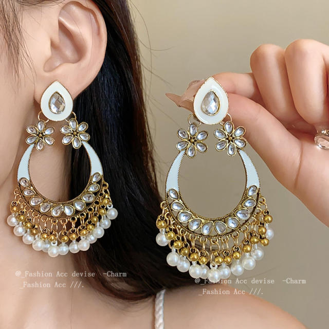 Steek Needle Diamond Water Drops Flower Pearl Earrings Ethnic Style Elegant Earrings