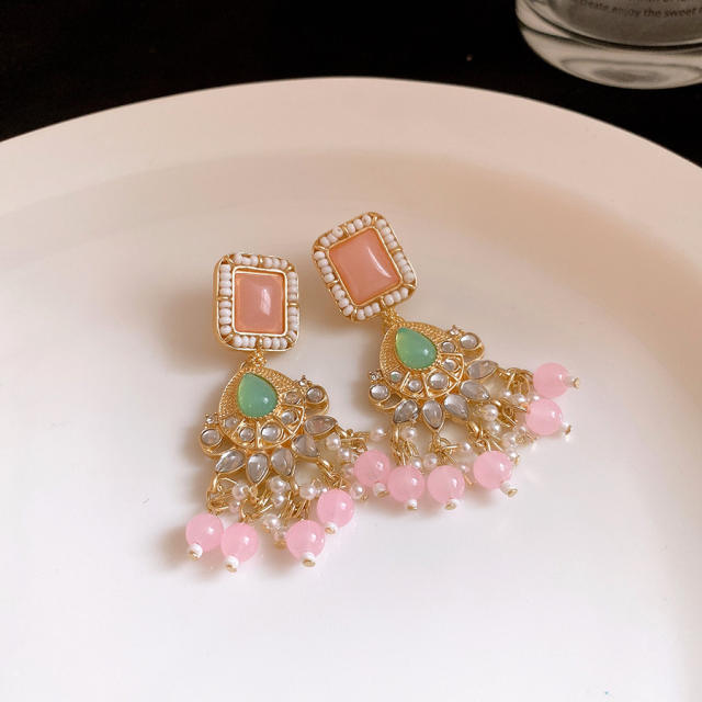 Resin Square Geometric Pearl Necklace Earring Set Vintage Jewelry for Women